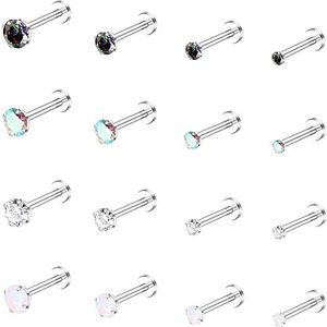 lippenringen van chirurgisch staal, 16 stuks, 16 gram, helix, tragus, nagels, medusa labret, sieraden, CZ opaal, kraakbeen, oorknopjes voor vrouwen, 6 mm, 8 mm