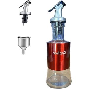 Olijfolie azijn en olie doseerder van roestvrij staal met schenktuit en trechter 250 ml rood