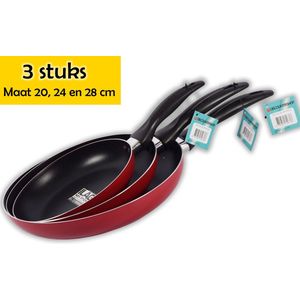Keukenpan met 3 set en heeft een diameter van Ø 20, 24 en 28 cm Rood - Luxe hapjespan keukenpan Anti-aanbaklaag - handvat zwart - Pan zonder deksel - Koekenpannenset