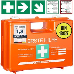 WERKSTEIN EHBO koffer met inhoud volgens de nieuwe DIN 13157:2021 - EHBO doos inclusief praktische muurbeugel, 5x stickers & zegel - EHBO set opbergbox voor bedrijven, instellingen en thuis