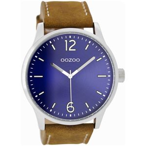 OOZOO Timepieces - Zilverkleurige horloge met bruine leren band - C9046
