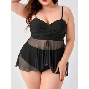 Tankini- 2-delig Plus Size Vacay Doorschijnende jurk- Dames Plus Effen Wikkel Kruis Asymmetrische Rand Cami Top en Slip- Badmode Bikini Zwempak Badpak Strandkleding 211- Zwart- Maat XXL