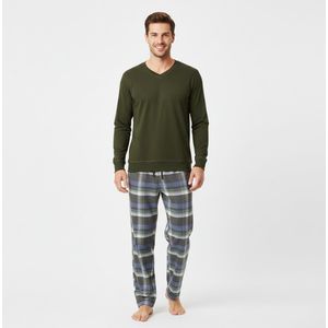 La V pyjamaset voor heren met geruite flanel broek met V hals top Groen S