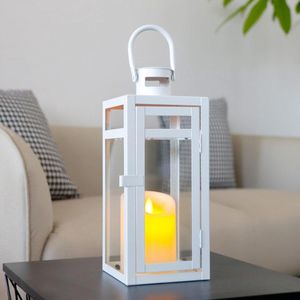 30 cm hoge metalen decoratieve lantaarn - helder glazen panelen - huisdecoratie woonkamer feesten - binnen en buiten - wit .