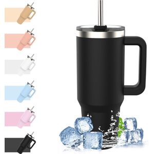 YYchan tumbler met rietje - coffee to go beker - 1.2 L - thermosbeker koffie met handvak - drinkfles - travel mug - vaderdag cadeau - thermosbeker koffie - Zwart