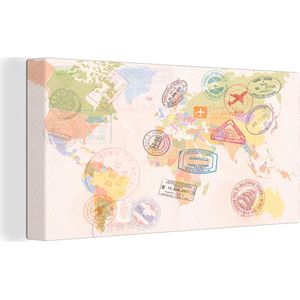 Canvas Wereldkaart - 40x20 - Wanddecoratie Wereldkaart - Stempels - Kleuren