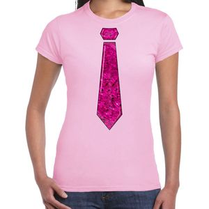 Bellatio Decorations Verkleed shirt dames - stropdas paillet roze- licht roze- carnaval- foute party XL