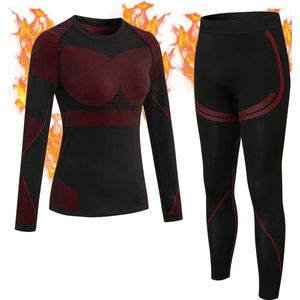 MEETYOO Naadloos Thermo Ondergoed Dames Set - ThermoShirt Dames -Thermokleding Dames - Thermo Shirt Dames Lange Mouw Thermo Shirt en Thermo Broek - en bodemsets voor ski -wandelen fietsen marathon motorfiets hardlopen klimmen snowboarden-Rood-XL