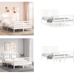 vidaXL Bedframe met hoofdbord massief hout wit 140x190 cm - Bedframe - Bedframes - Bed - Tweepersoonsbed