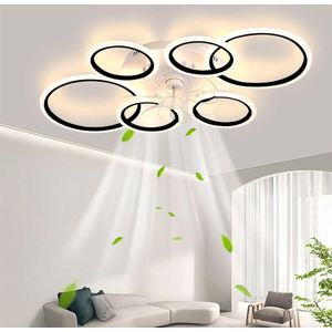 LuxiLamps - 6 Ringen LED Plafondventilator - Zwart - 6 Snelheden - Smart lamp - Dimbaar Met Afstandsbediening & APP - Moderne Cirkel Ventilator Licht - Kroonluchter Ventilator
