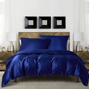 Satijnen beddengoed, 135 x 200 cm, blauw, donkerblauw, effen, glad, glanzend, zijde, luxe beddengoedset, dekbedovertrek en kussensloop 80 x 80 cm, met ritssluiting