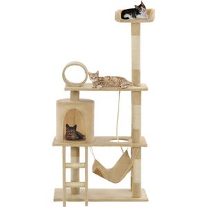 The Living Store Kattenkrabpaal - Hoogte 140 cm - Beige - Met hangmat - ladder - klimtouw en comfortabel huis