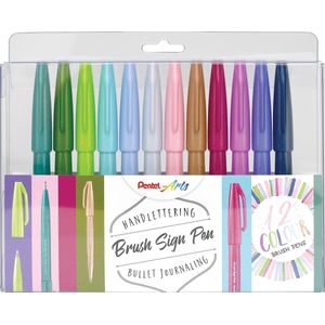 Pentel brushpen Sign Pen Brush Touch, plastic etui met 12 stuks in geassorteerde kleuren