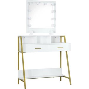 Coco® - Kaptafel - Make-Up Tafel - Met Led Verlichting en Spiegel - Wit Met Goud