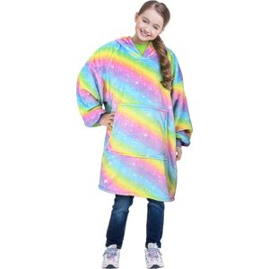 Catalonia Classy Oversized hoodiedeken voor kinderen met mouwen, warme knuffeldeken, cadeau voor meisjes, jongens en jongeren, oversized fleece knuffeltrui met capuchon, regenboog