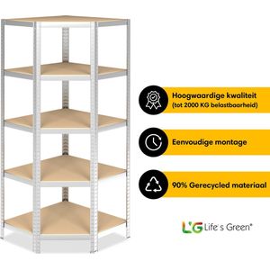 Life’s Green Hoekstelling - Opbergrek - Stellingkast - Hoekstelling - 5 planken - Zilver