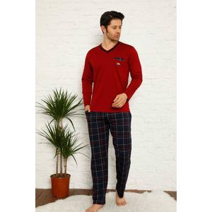 Alimer - Heren Pyjama Set - 100% Katoen - Bordeauxrood/Marineblauw - Maat M