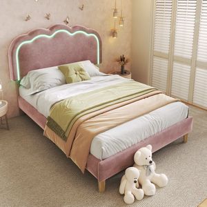 Gutent Kinderbed, Roze (Zonder matras), LED Eenpersoonsbed 90 x 190 cm, bedframe met lattenbodem en verstelbaar hoofdeinde, fluwelen jeugdbedframe voor slaapkamer, logeerkamer