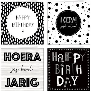 4x verjaardagskaarten | BLACK & WHITE | wenskaarten / set kaarten met enveloppen