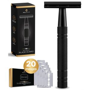 Wellshave Safety Razor Zwart - RVS + 20 Scheermesjes - Vrouwen & Mannen - Scheermes - Veiligheidsscheermes - Double Edge - Single Blade