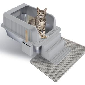 Kattenbak Grote kattenbak roestvrij staal XXL - open met schep - antislipmat - lekvrij - gemakkelijk te reinigen - 605 x 405 x 30 cm Kattenbak