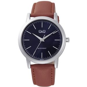 Q&Q Q59B-004PY - Horloge - Analoog - Heren - Mannen - Leren band - Rond - Metaal - Streepjes - Bruin - Zilverkleurig - DonkerBlauw