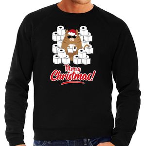 Foute Kerstsweater / Kerst trui met hamsterende kat Merry Christmas zwart voor heren- Kerstkleding / Christmas outfit S