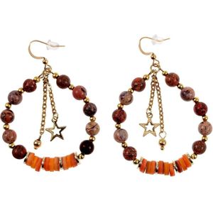 Lange Oorbellen Dames - Natuurlijke Stenen - Verguld RVS - Oranje-Rode Kralen Oorbellen - Druppel Oorbellen met Hangers