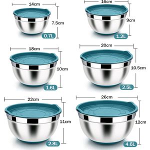 Mengkom, set van 6, roestvrijstalen kom, slakom met luchtdicht deksel en antislip siliconen bodem voor koken/bakken/serveren, 4,6 l/2,8 l/2,5 l/1,6 l/1,5 l/0,7 l, blauw