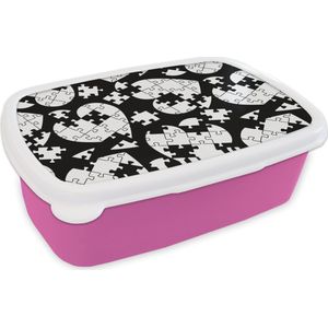 Broodtrommel Roze - Lunchbox - Brooddoos - Meiden - Puzzel - Hart - Patronen - Girl - Kids - Kinderen - 18x12x6 cm - Kinderen - Meisje