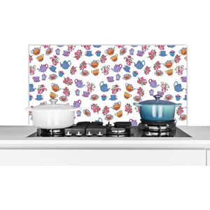 Spatscherm keuken 100x50 cm - Kookplaat achterwand Patronen - Thee - Rozen - Theepot - Muurbeschermer - Spatwand fornuis - Hoogwaardig aluminium
