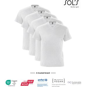 4 Pack SOLS V-hals, Heren T-Shirt 100% katoen V-hals, Licht Grijs gemeleerd Maat XXL