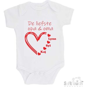 100% katoenen Romper ""De liefste opa & oma met de namen van 3 kleinkinderen"" Unisex Katoen Wit/rood Maat 56/62