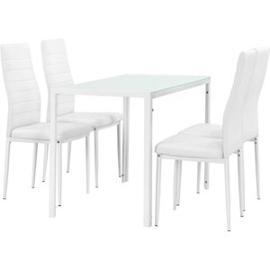 Eetkamerset eethoek Porvoo 5-delig glas tafel en stoelen wit