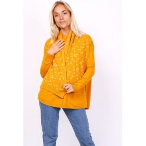 Pull met bijpassende sjaal in dierenprint - mosterd - maat XL/XXL MAAT 44/46/48