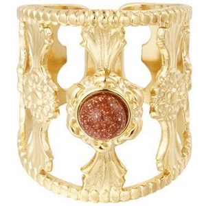 Sierlijke Gouden RVS Statement Ring Met Rode Natuursteen - Verstelbare Stainless Steen Ringen - Gouden Dames Ringen met steen