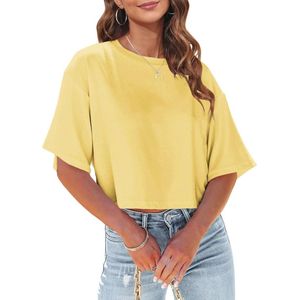 Dames Crop Top Korte Mouwen Zomer T-Shirt Ronde Hals Sport Top Geel