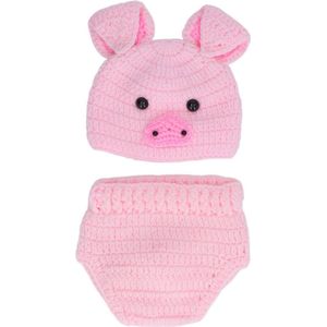 Schattige Dieren Kostuum Unisex Set - Varkentje Patroon - Geschikt voor 0-3 Maanden Baby - Roze