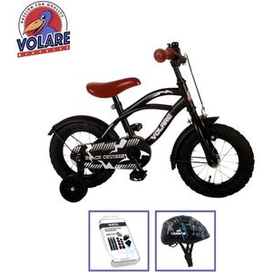 Volare Kinderfiets Black Cruiser - 12 inch - Zwart - Met fietshelm & accessoires