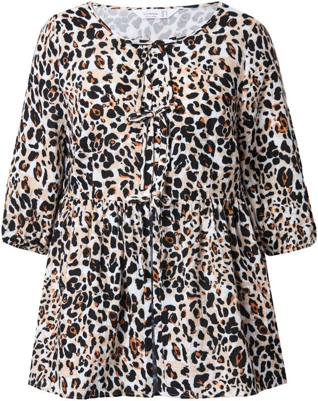 MIAMODA - Dames - Blouse A-lijn mousseline luipaard strikbandjes - Zwart - Maat 42