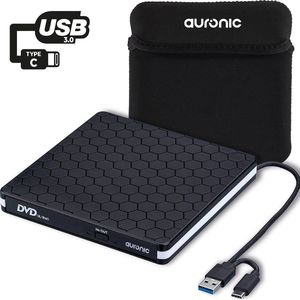 Auronic Externe DVD Speler - Voor Laptop en Brander - USB 3.0 of USB C - Windows, MacOS & Linux - Incl. Hoes + Kabel