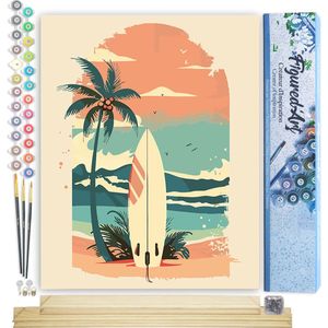 Figured'Art Schilderen op Nummer Volwassenen canvas Surfplank op het strand- Handwerk acrylverf Kit DIY Compleet - 40x50cm met DIY houten lijst