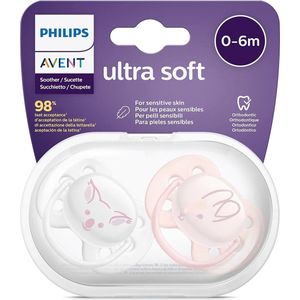 Philips Avent Ultra Soft Fopspeen 2 Pack 0-6 Maanden - BPA-Free - Set van twee fopspenen - Wit/Roze - Dental