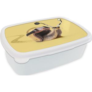 Broodtrommel Wit - Lunchbox - Brooddoos - Slak - Dieren - Helm - Geel - Spiegels - 18x12x6 cm - Volwassenen