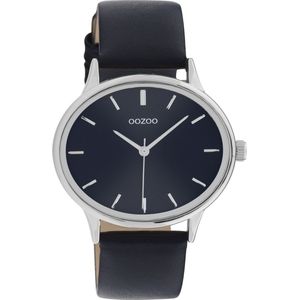 OOZOO Timpieces - zilverkleurige horloge met donker blauwe leren band - C11051