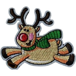 Rendier Reindeer Rudolph Kerst Strijk Embleem Patch 7.2 cm / 6 cm / Beige Groen Zwart