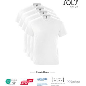 4 Pack SOLS V-hals, Heren T-Shirt 100% katoen V-hals, wit, Maat S