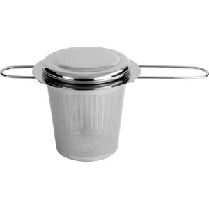 Krumble Theezeef met uitlekbakje - Theefilter - Theefilter voor losse thee - Thee infuser voor kruiden - Kruidenbol -  RVS - Zilver - 8 x 15 x 7 cm (lxbxh)