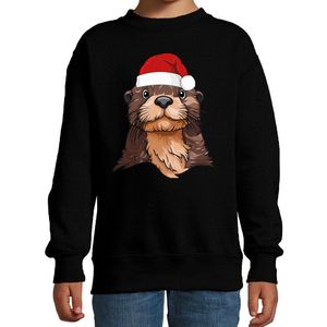 Bellatio Decorations Kersttrui / sweater familie Otter - kinderen - dieren - zwart - kerstmuts - Kerstmis 98/104
