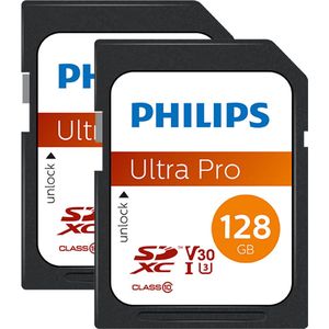 Philips SDXC Kaart 128GB - Ultra Pro - 4K UHD - Class 10 - UHS-I U3 - SDHC/ SDXC - 2-Pack